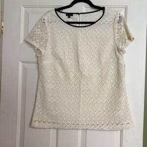 Talbots Lace Blouse Womens 14 Cream Excellent Faux Leather Trim Short Sleeve Top